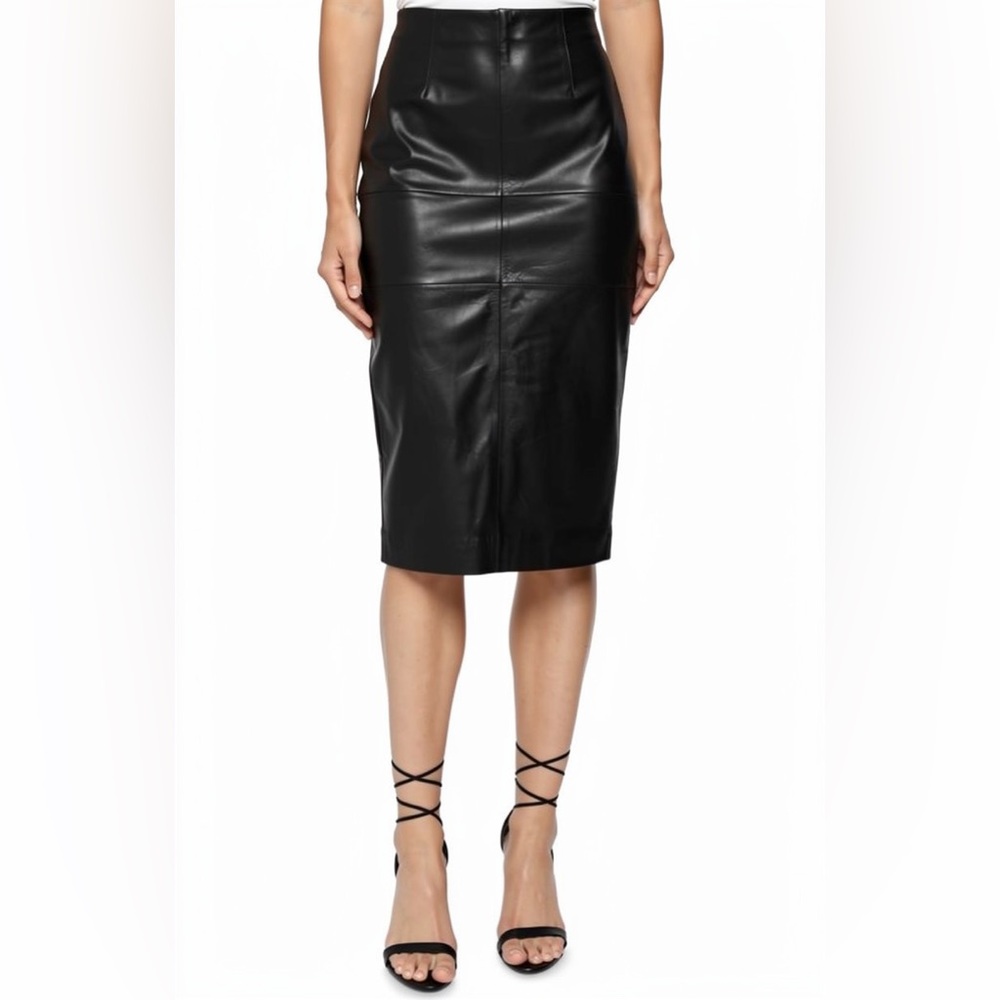 Bod & Christensen Black Leather Paneled Column Midi Skirt
